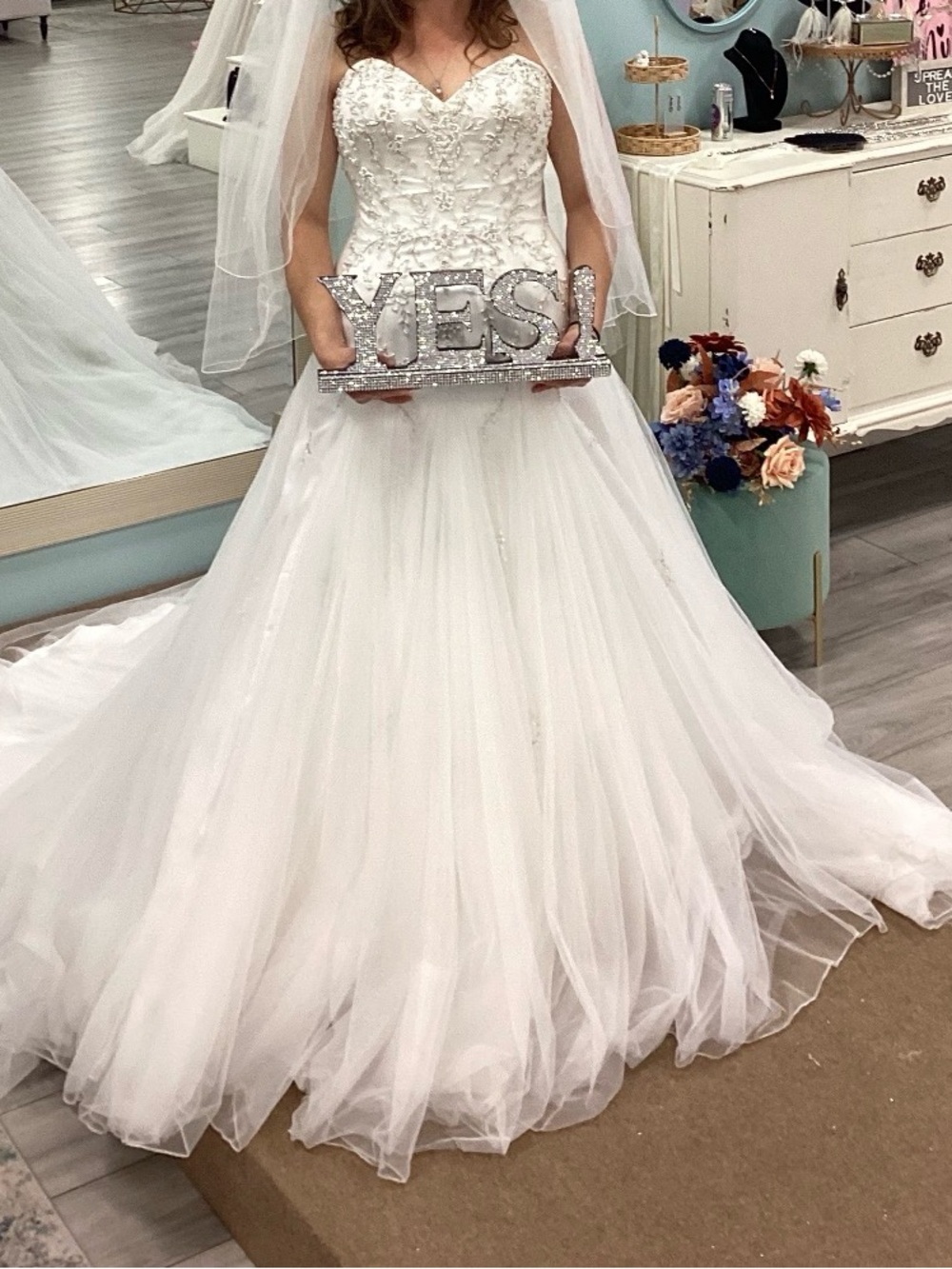 Elegant White Beaded Strapless Ball Gown Wedding Dress